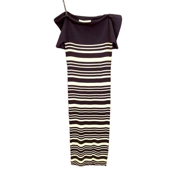 NWT J.O.A. Black and White Off the Shoulder Ribbed Bodycon MIDI Dress - Picture 1 of 7